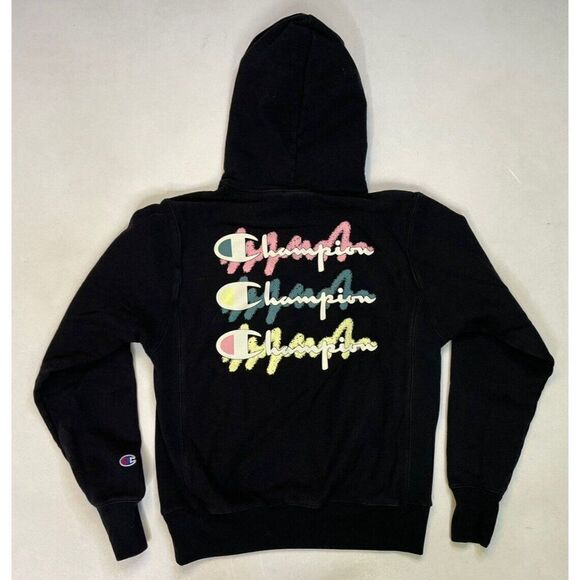 Champion Reverse Weave Pullover Hoodie Men Small Black Graphic Logo - Picture 3 of 6